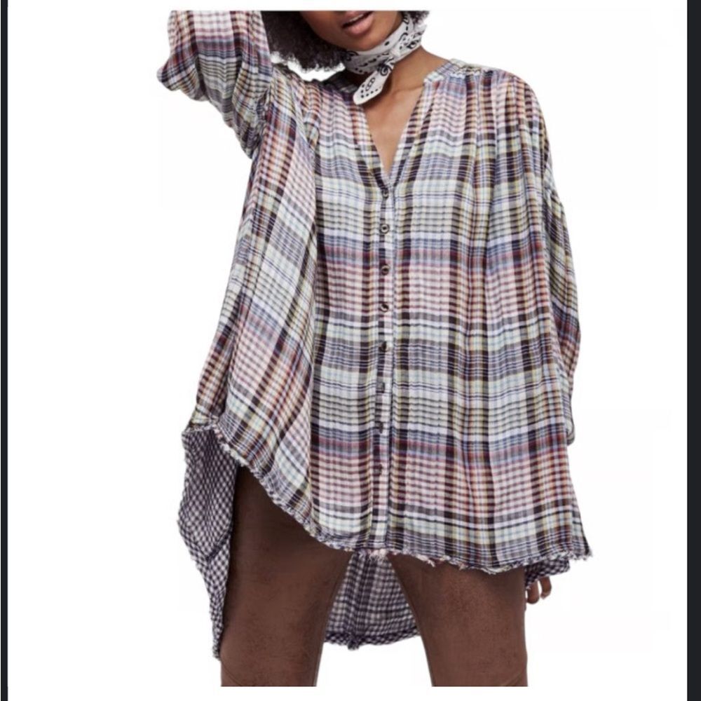 Free People plaid double gauze swing shirt pleated boho flowy oversized XS